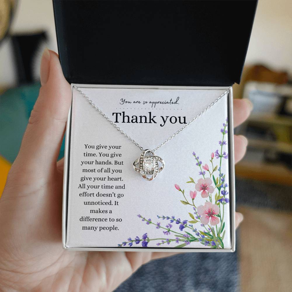 Thank you gift, Pendant Necklace, Love knot necklace, gift for a friend, family member or loved one.