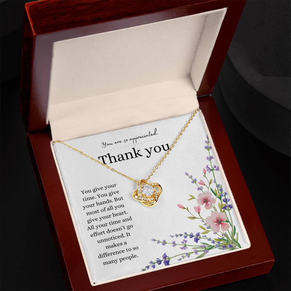 Thank you gift, Pendant Necklace, Love knot necklace, gift for a friend, family member or loved one.