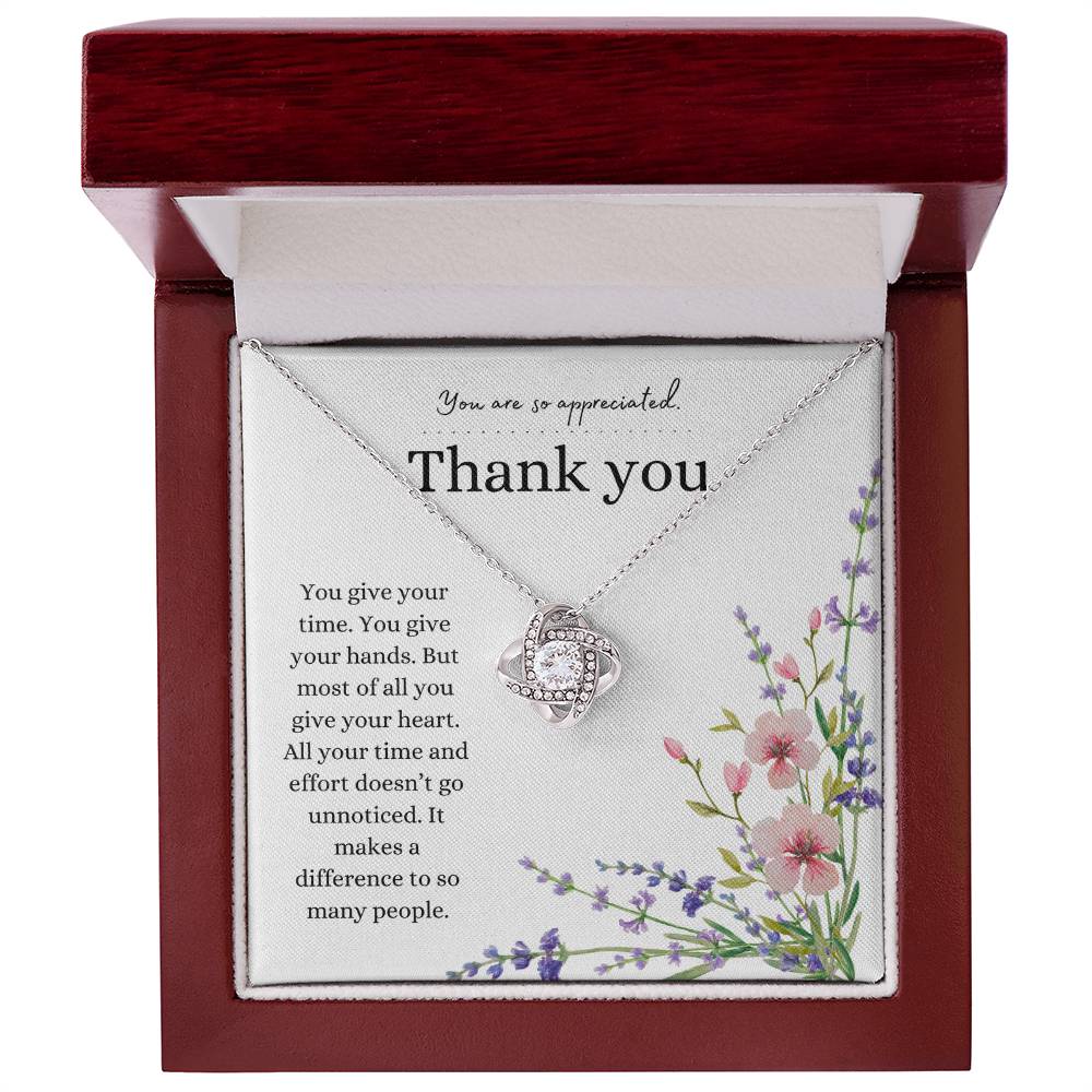 Thank you gift, Pendant Necklace, Love knot necklace, gift for a friend, family member or loved one.